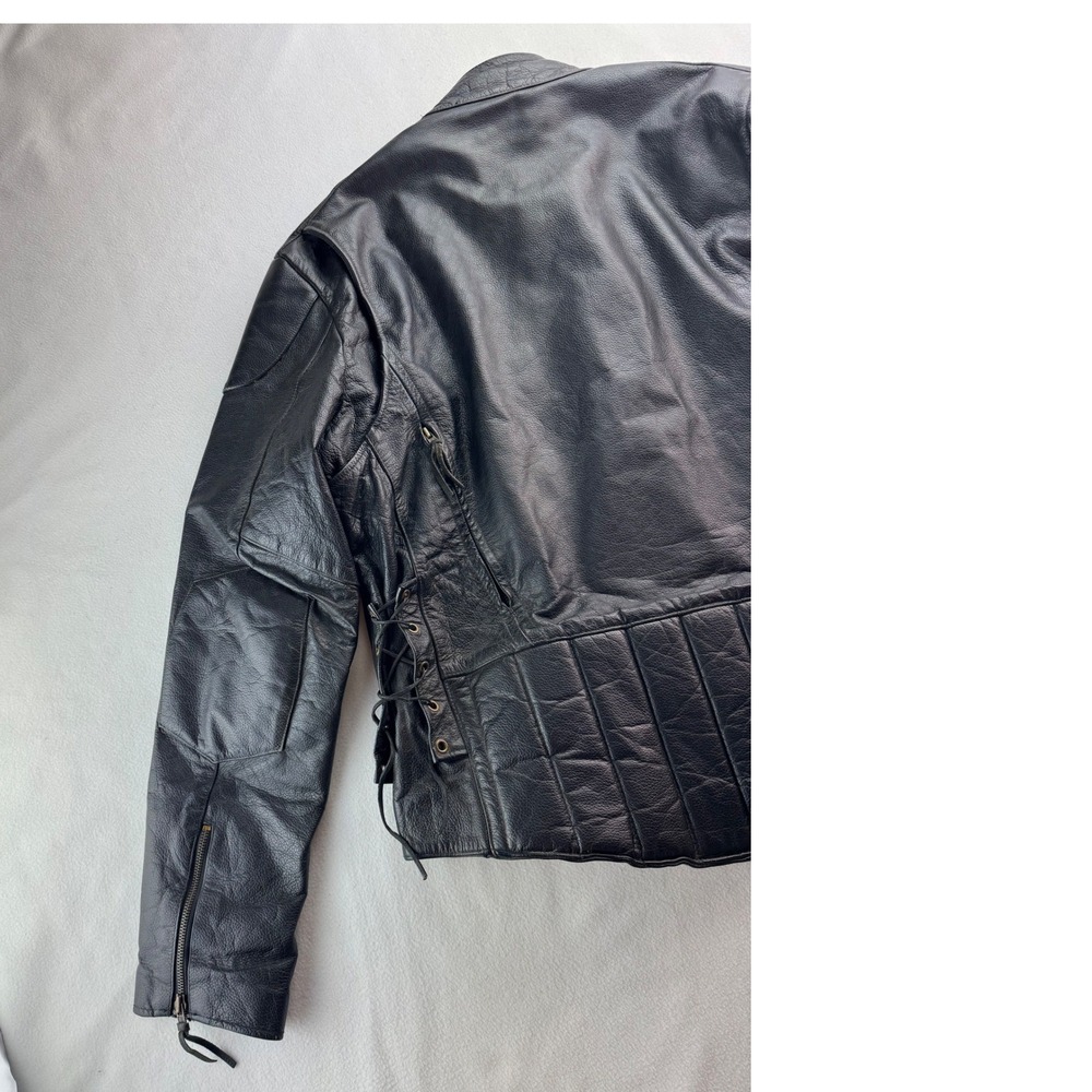 Mens Black Leather‎ Motorcycle Jacket Biker Style Quilted Accents Sz 46 NO LINER - Picture 8 of 16